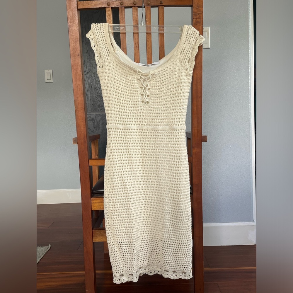 Cream Crochet Dress with Lace-Up Detail